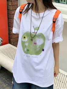 Women's Clothing: Women's Loose And Casual Short-Sleeved T-Shirt, Sweet And  Street Style, Green Apple And Letter Print, Pure Cotton Fabric, Suitable For Everyday Summer Wear, Versatile Casual Sports Top. - 白色 - 查看 6