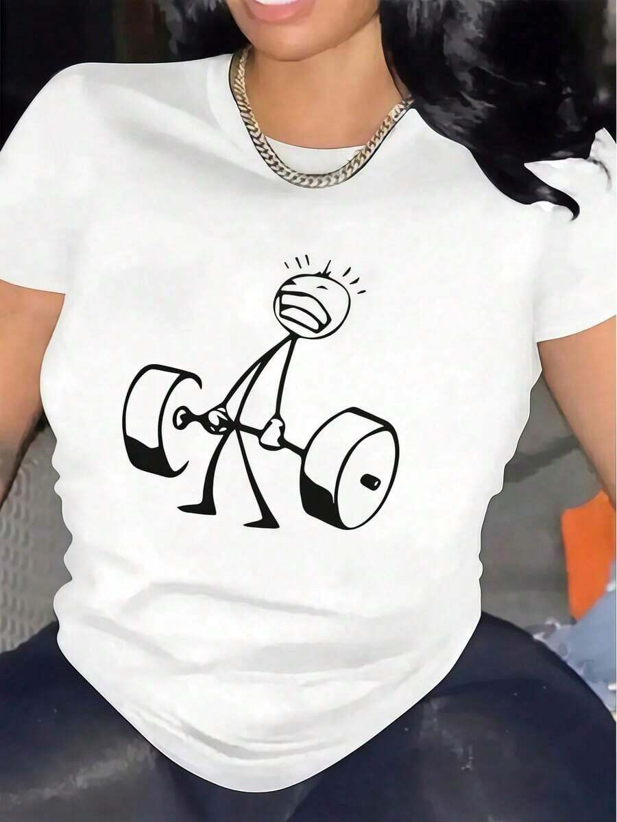 CHICLY19 Camiseta Gráfica Divertida de Talla Grande para Mujer - Camiseta Negra de Manga Corta con Estampado Humorístico de Figura de Palillos Levantando Pesas. Camiseta de algodón suave de corte holgado, ropa casual de calle para todas las estaciones, ideal para sesiones de gimnasio, uso diario, reuniones y estilos relajados. Camiseta popular con temática de humor, corte cómodo y relajado, perfecta para adolescentes, jóvenes adultos y entusiastas del fitness. - Blanco - Ver 1