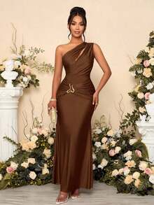 xheSOLERSUN Vestido largo de mujer tipo maxi, de unicolor, de silueta ajustada, con cuello asimétrico hueco y decorado con metalxhe - Cafetería - Ver 8