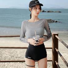 Two-Piece Skirt-Style Swimsuit For Women, Fashionable And Sporty, Summer Long-Sleeve, Sun-Protective, Sexy, High-Waisted, Slimming, Tummy-Concealing, High-End Swimwear - Xám 028476 - Xem 9