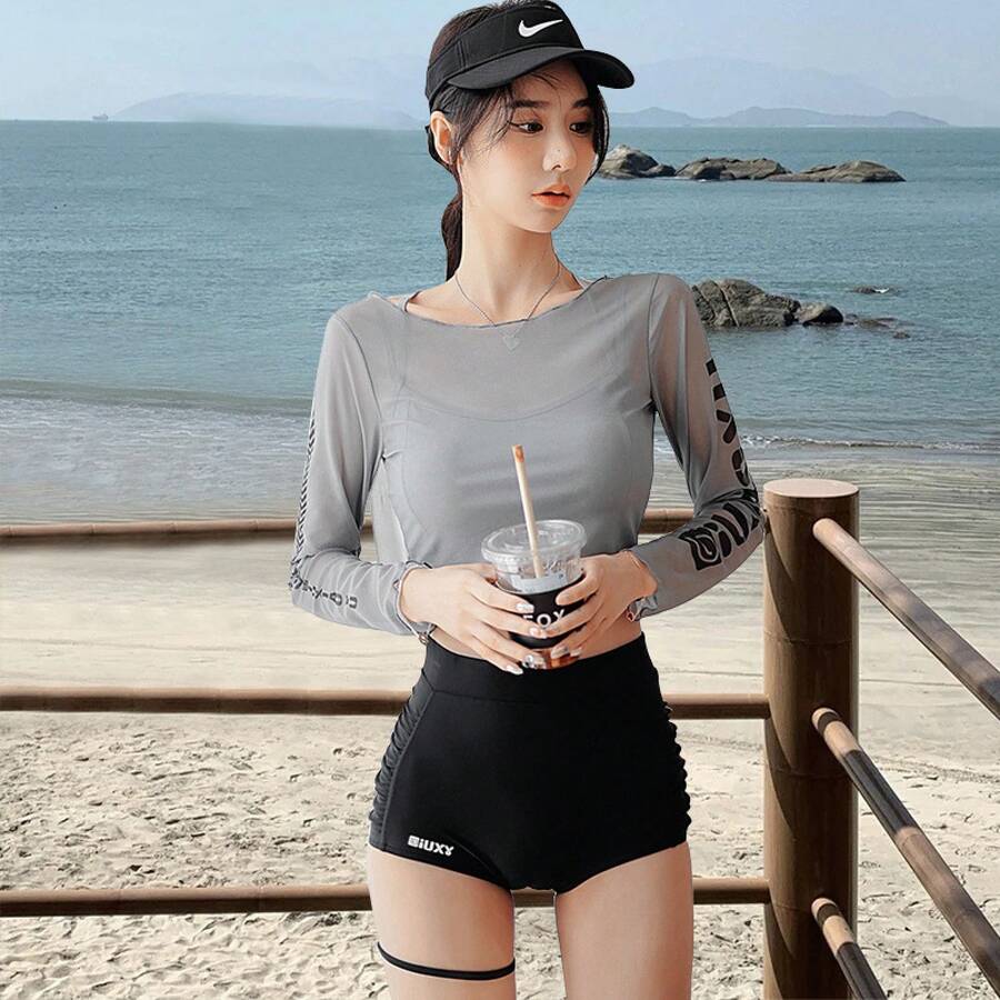 Two-Piece Skirt-Style Swimsuit For Women, Fashionable And Sporty, Summer Long-Sleeve, Sun-Protective, Sexy, High-Waisted, Slimming, Tummy-Concealing, High-End Swimwear - 125021 Màu xám (Bộ ba món) - Xem 1