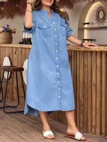 Vestido de mezclilla casual con cuello con muesca y botones delanteros, talla grande y unicolor - Negro - Ver 5