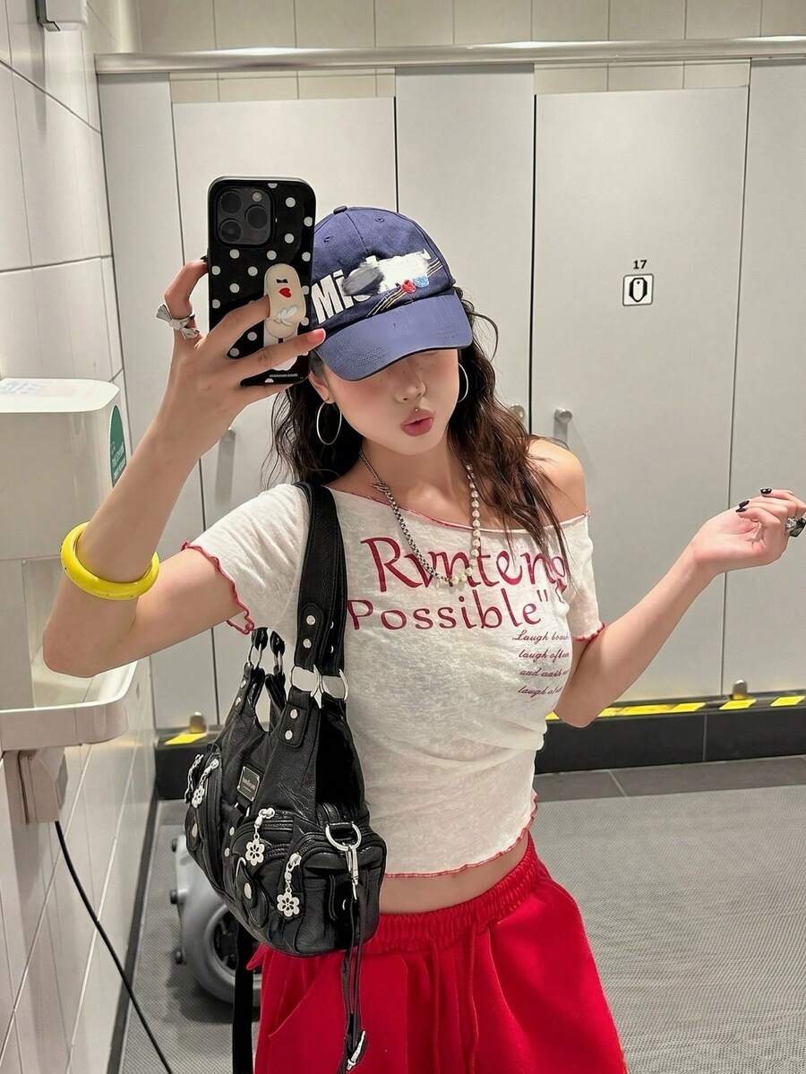 美式性感短版上衣 藍白輕量短袖 T-shirt,修身不對稱露肩罩衫 女款夏季款 - 白色 - 查看 1
