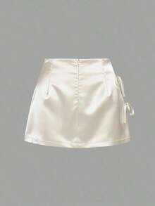 Minifalda de satén rosa con abertura y lazo, estilo A-line, sexy, adecuada para uso diario - Albaricoque - Ver 2