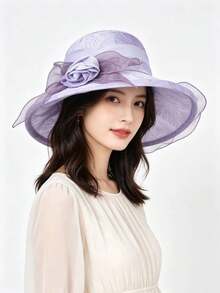 1pc Floral Decor Wide Brim Hat, With Natural Pleated Brim Edge Design, Featuring A Matching 3D Flower Decoration On The Side, Vintage Elegant Style, Suitable For Retro-Inspired Outfits Like British Vintage Look, Decorative And Practical For Sun Protection.,Beach,Travel - Fisherman's Hat - View 11