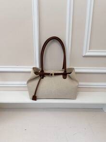 1pc Coffee Brown Strap Decor Large Capacity Canvas Patchwork Tote Bag, Women Shoulder Bag - Coffee Brown - View 5