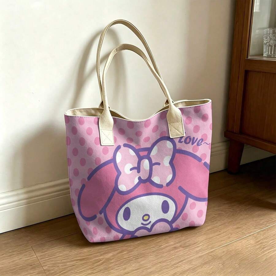 Miniso Túi tote vải chấm bi Sanrio My Melody "Love~", màu hồng, thích hợp sử dụng hàng ngày. - trắng - Xem 1