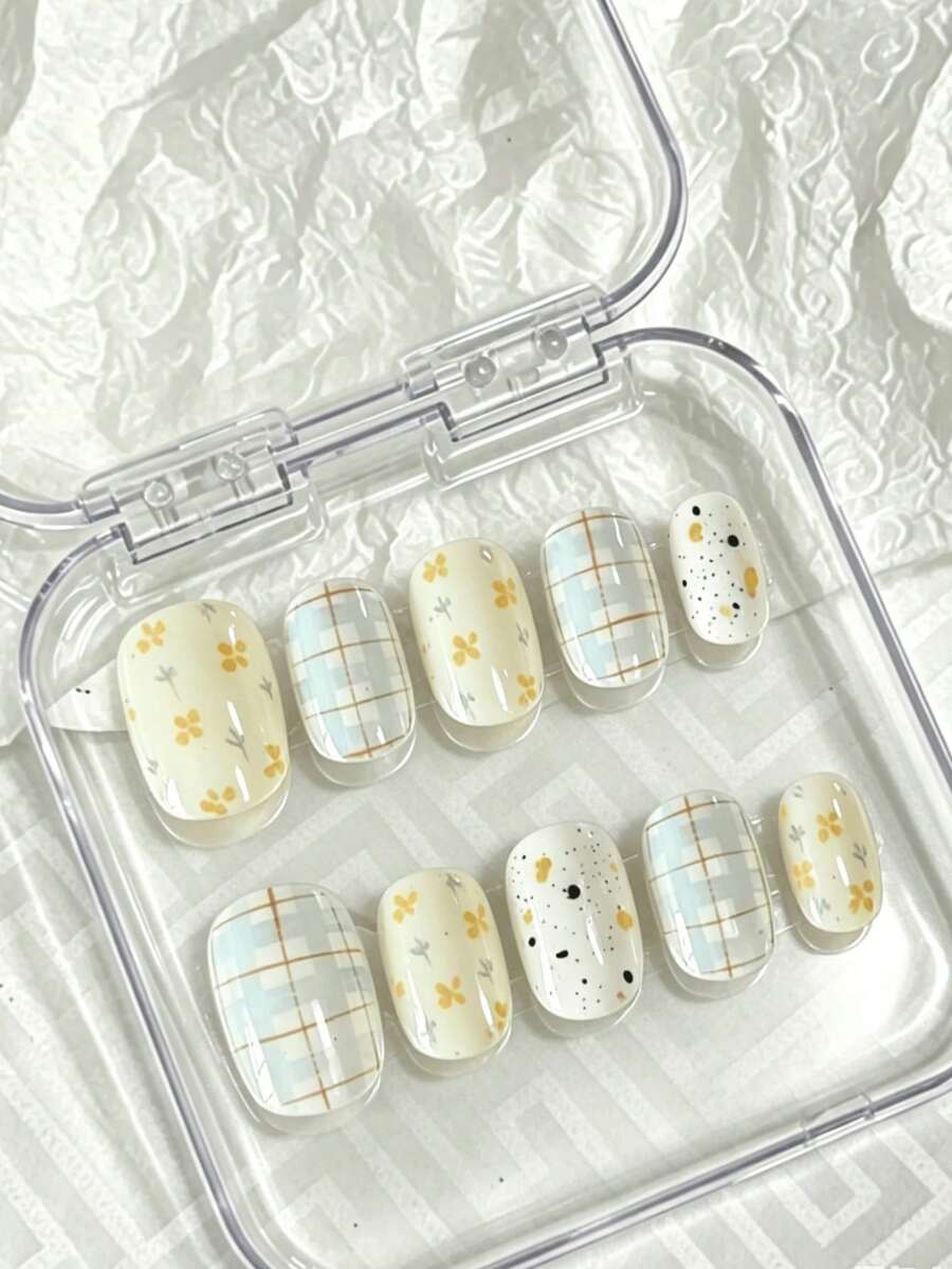 10pcs Square & Round Shaped Floral Plaid Nail Stickers, Fresh Countryside Style, Featuring Floral & Plaid Patterns, Hand-Painted Refreshing & Contrasting Craftsmanship, Suitable For Young Girls & Women, Applicable For Daily Commute, Picnic, Date And Gentle Gatherings, Comes With Jelly Gel And Nail File - Yellow - View 1