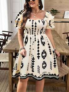 EMERY Vestido con cuello cuadrado, mangas abullonadas, decorado con botones y volantes en el bajo, en colores marrón y rojo con estampado de rosas, para vacaciones, en talla - Multicolor 5 - Ver 3