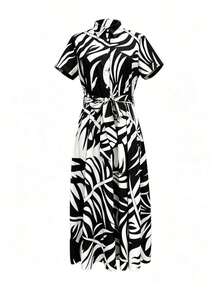 Vestido de mujer con estampado floral bohemio y nudo delantero, de manga corta y abotonado, adecuado para la playa y elegante - Blanco y Negro - Ver 3