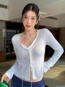 輕量白色針織罩衫，薄款夏季防曬短披肩外套，女款冷氣防寒針織衫，適合秋季 - 白色 - 查看 4