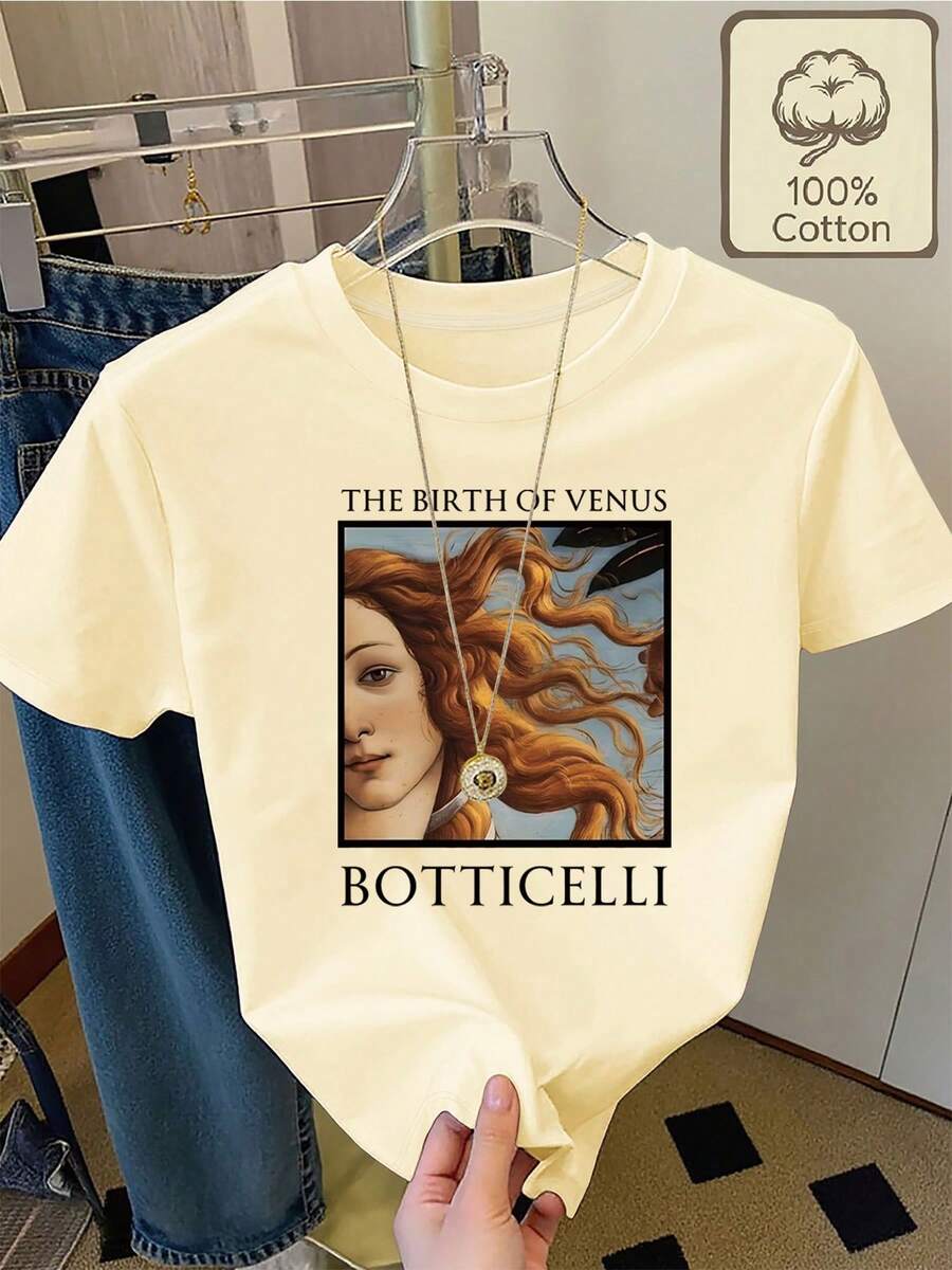 100% Pure Cotton T-Shirt Featuring Botticelli's Masterpiece "The Birth Of Venus", Round Neck, Short Sleeves, Summer Wear, Comfortable And Breathable For Everyday Casual Outfits, Women's Summer Clothing - [淺黃色] - 查看 1
