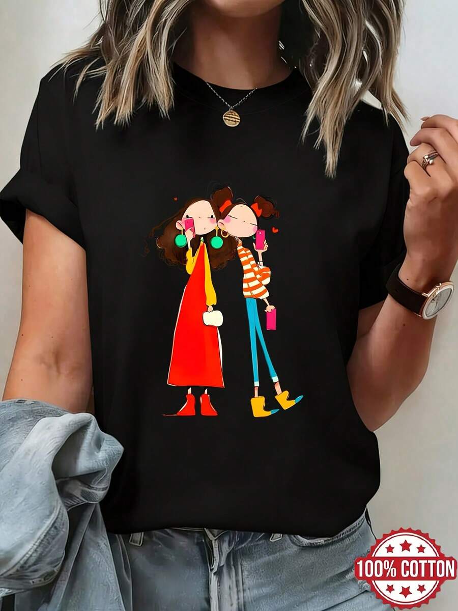 Camiseta de Mujer con Estampado de Hermanas Selfie, Conjunto de Amigas Manga Corta 100% Cuello Redondo Top de Verano, Camiseta Transpirable de Primavera/Verano/Otoño, Adecuada para Ropa Casual, Camiseta de Mujer Pure Manga Corta Cuello Redondo - Negro - Ver 1