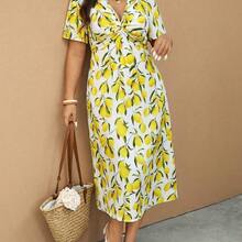 YijiaNvz Elaquor Vestido casual de vacaciones con estampado de lunares y nudo retorcido para tallas grandes - Negro01 - Ver 11