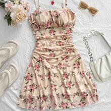 Nana's Women's Clothing Store  Vestido mini de línea A con tirantes de espagueti rosa y romántico Ditsy Floral para mujer, adecuado para fiesta, cita, San Valentín, Pascua, carnaval, crucero por la playa, Afternoon vestido de moda para té, primavera/verano - Albaricoque - Ver 2