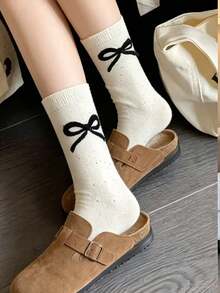 5 Pairs Bow Tie Socks For Women, Solid Color Cute Cartoon Bear Mid-Calf Socks, Autumn/Winter - Multicolor - View 3