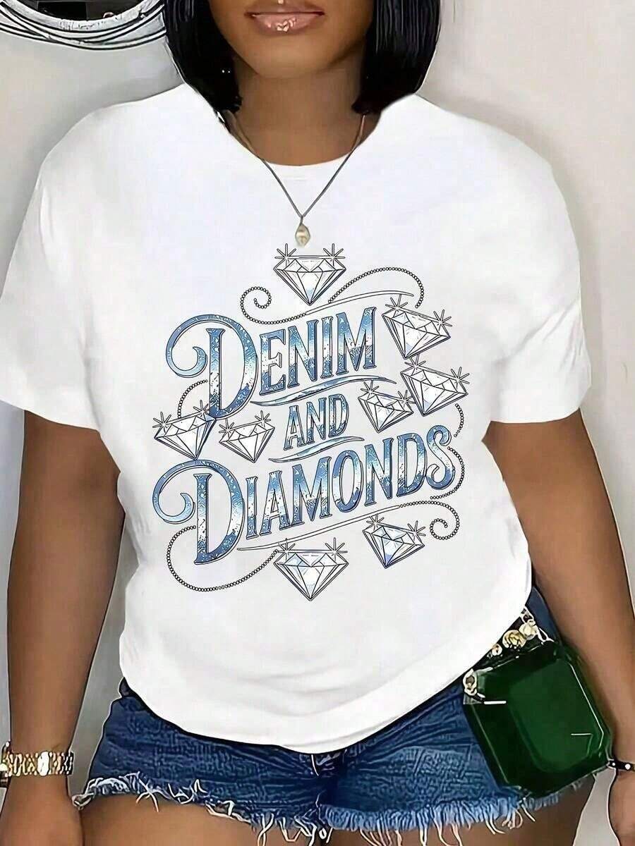 Women's Graphic Denim And Diamond T-Shirt, Fashion Shirt, Casual Garment, Summer Top, It Is A Perfect Choice To Gift To Friends And Family On Any Holiday Or Special Occasion, Summer Clothes For Women, 100% Cotton. - 白色 - 查看 1