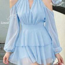 Vestido casual de mujer de unicolor elegante con mangas farol y hombros descubiertos - Celeste - Ver 1