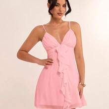 Vestido mini de princesa con cuello en V, diseño de volantes, dulce, color blanco puro, con diseño de copas sexy, adecuado para primavera/verano, Día de San Valentín, graduación - Amarillo - Ver 6
