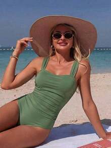 Traje de baño de una pieza minimalista con tirantes fruncidos de unicolor para mujer, estilo boho de festival - Verde militar - Ver 1