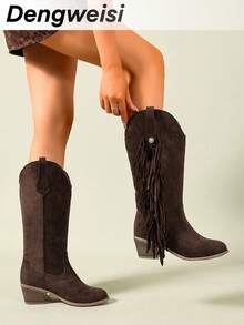 Deep Coffee Slip-On Fringe Rivet Chunky Heel Round Toe Western Boots, Comfortable Versatile Commute Daily Holiday European And American Style Mid-Calf Boots For Women, Autumn/Spring - Coffee Brown - View 7