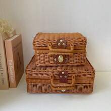 Handwoven Rattan Storage Basket, Multifunctional Desktop Cosmetic Organizer, Wedding Gift & Souvenir Box For Home Bedroom Sundries Arrangement - Brown - View 1
