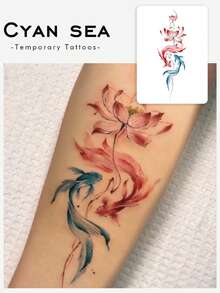 1张纹身贴纸，中式红蓝锦鲤莲花竖纹图案，清新纹身图案，临时纹身贴纸，可水洗PVC材质，一次性使用，防水防汗，适用于手掌、手臂、腰部、腹部、背部、腿部，不反光，仿真纹身设计，适合旅行、音乐节、游戏、毕业礼物和日常使用，可持续3-5天。 - 彩色 - 查看 1