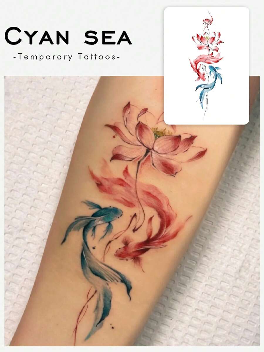 1张纹身贴纸,中式红蓝锦鲤莲花竖纹图案,清新纹身图案,临时纹身贴纸,可水洗PVC材质,一次性使用,防水防汗,适用于手掌、手臂、腰部、腹部、背部、腿部,不反光,仿真纹身设计,适合旅行、音乐节、游戏、毕业礼物和日常使用,可持续3-5天。 - 彩色 - 查看 1