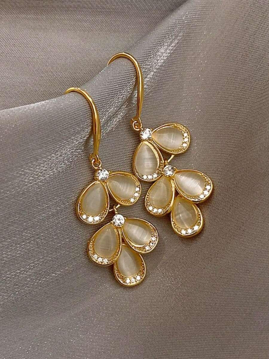 1 par de pendientes con piedra de ojo de gato con forma de pétalo, pendientes con hoja de rhinestone - Amarillo Oro - Ver 1