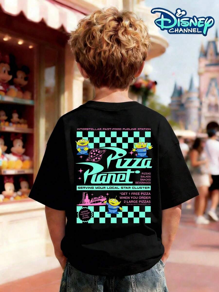 Disney Boys' *Toy Story* "Pizza Planet" Alien Print T-Shirt-A Cute, Retro-Style Short-Sleeve Top Featuring A Casual Crew Neck Design And A Classic Graphic Print That Pairs Effortlessly With A Variety Of Outfits. - 黑色 - 查看 1