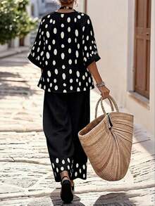 Conjunto de dos piezas con camisa de cuello en V con estampado de lunares y pantalones rectos de pierna ancha y suelta, conjunto de ropa casual de vacaciones para mujer - Multicolor 7 - Ver 2