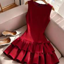guangzhougaolangshangmao  Vestido elegante sin mangas estilo francés, vestido mini con decoración de lazo rojo, adecuado para salidas diarias, citas, vacaciones - Caqui - Ver 4
