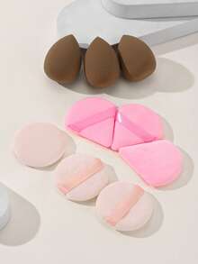 8 piezas de borlas de polvo de tono de piel redondas + 8 piezas de borlas de polvo triangulares rosas + 5 piezas de esponjas de maquillaje de café, set de borlas de polvo y esponjas para base, adecuado para uso en el hogar o para artistas de maquillaje - Multicolor - Ver 2