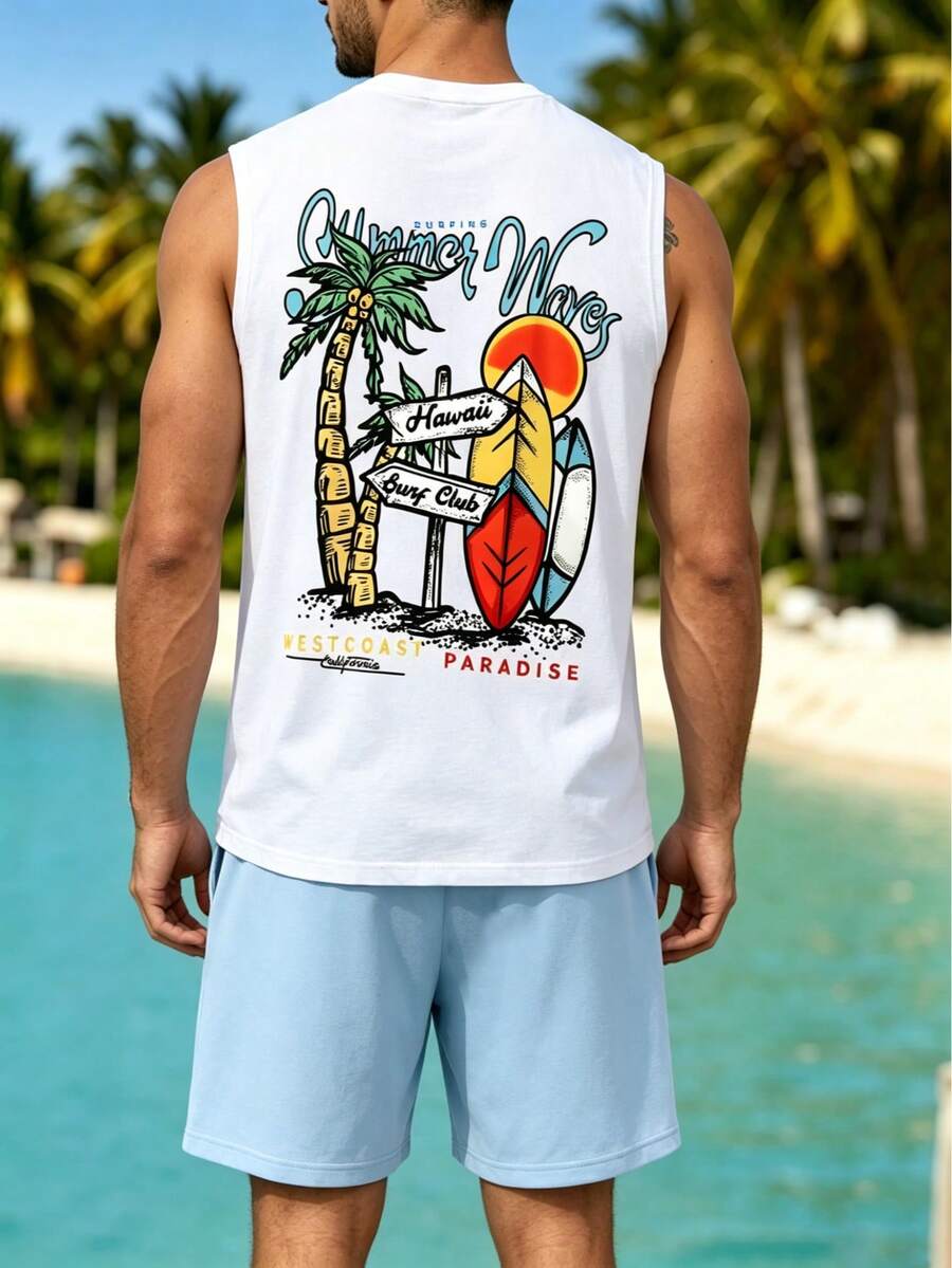 JINYA Men's Summer Casual West Coast Style Bohemian Vacation Palm Tree Surfboard Print Straight Tank Top & Beach Shorts Set, Suitable For Home, Outdoor, City, Regular, Vacation, Youth, Minimalist, Campus, Retro, Versatile, Elegant, Sports - Multicolor - View 1