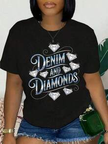 Women's Graphic Denim And Diamond T-Shirt, Fashion Shirt, Casual Garment, Summer Top, It Is A Perfect Choice To Gift To Friends And Family On Any Holiday Or Special Occasion, Summer Clothes For Women, 100% Cotton. - 黑色 - 查看 1