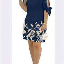 Vestido de mujer con estampado floral, mangas abiertas y adornos de perlas, adecuado para vacaciones, uso casual, diario y diversas reuniones elegantes de verano - Azul marino - Ver 4