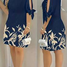 Vestido de mujer con estampado floral, mangas abiertas y adornos de perlas, adecuado para vacaciones, uso casual, diario y diversas reuniones elegantes de verano - Amarillo - Ver 2