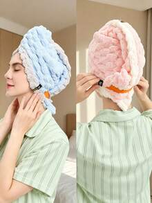2/1 Set, 50*70cm Yunduoge Double-Layer Dry Hair Cap. Elastic Wide Tail, Thick Coral Fleece, Super Absorbent & Quick-Drying. Great For Long Curly Hair, Protects Damaged Hair And Prevents Frizz. Soft Comfy, Ideal For Home, Travel, Salon And Daily Use. - Multicolor - View 5