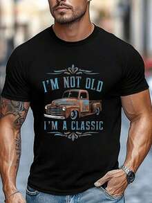 1 Pc Men's T-Shirt With A Graphic Of A Rusty Vintage Pickup Truck With The Text "I'M NOT OLD I'M A CLASSIC" Evoking Nostalgia For Classic Vehicles And A Relaxed Attitude. 100% Cotton, 180g. 100% Cotton. Fashionable Men's T-Shirt Made Of Pure Cotton. - 彩色 - 查看 1