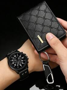 3PCS Black Quartz Watch, Wallet And Keychain Set, Versatile For Daily Wear, Holiday Special Offer - Black - View 2