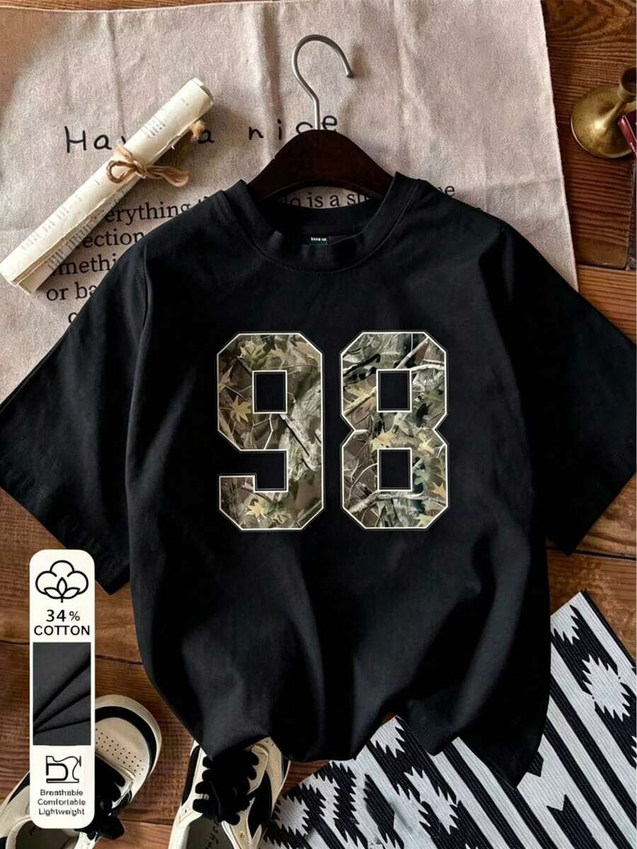 Camiseta de algodón casual de cuello redondo para mujer, con estampado de camuflaje y número 98, ajustada, adecuada para el verano. - Negro - Ver 1