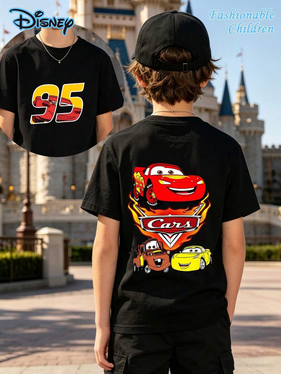 Disney Cars Lightning McQueen Kids T-Shirt 2-14Y Boys Girls, Front & Back 95 & Characters Print Casual Short Sleeve Tee, Lightning McQueen Shirt, Cars Movie T-Shirt, Racer Tee, Magic Kingdom, Disney Family Vacation, Disneyland Trip T-Shirt,Breathable Soft Fabric For Daily Play, Spring/Summer Boys' Birthday T-Shirt; 180G Pure Cotton Cartoon Graphic T-Shirt, Boy Clothes For Kids - màu đen - Xem 1