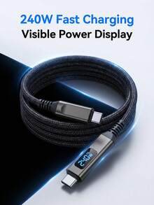 240W 5A Layar LED Kabel Dual Type-C Jalinan Nilon Paduan Seng Chip E-Marker Pengisian Cepat Kabel Sinkronisasi Data - Hitam - View 1