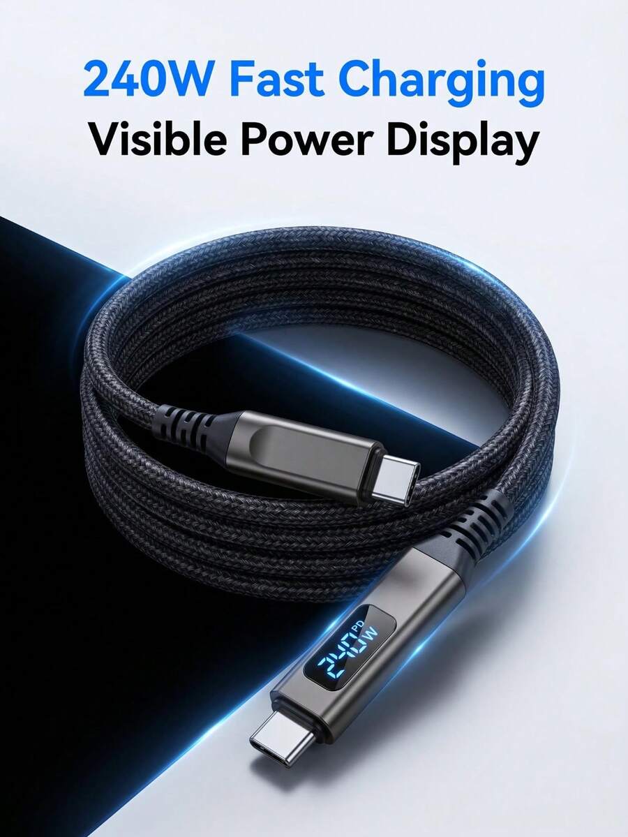 240W 5A Layar LED Kabel Dual Type-C Jalinan Nilon Paduan Seng Chip E-Marker Pengisian Cepat Kabel Sinkronisasi Data - Hitam - View 1