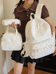 3-Pack Nylon Cream Style Lace Bowknot Star Print Backpack Set, Foldable Multi-Pocket Large Capacity Zipper Backpack, Suitable For Teenagers, High School Studeege Students, Women, Daily Use, Commuting, Travel, Valentine's Day - Beige - View 4