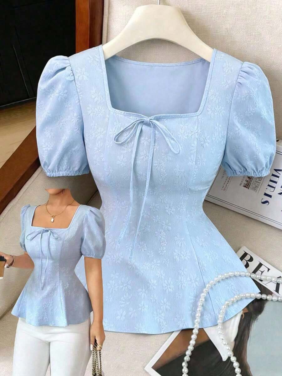 New High-End Women's Blouse, Versatile, With French Bow, Puff Sleeve, Made Of Elegant And Unique Jacquard Fabric - 賽萊斯特 - 查看 1