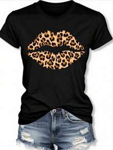 Women's Short Sleeve T-Shirt - Black T-Shirt With Leopard Lip Print Design, Soft Stretch Casual Crew Neck Fabric, Machine Washable, Fashionable Summer Top,  Outfit, Eye-Catching T-Shirt, Comfortable Fit T-Shirt, Easter And Mother's Day Gift, Streetwear - 黑色 - 查看 1