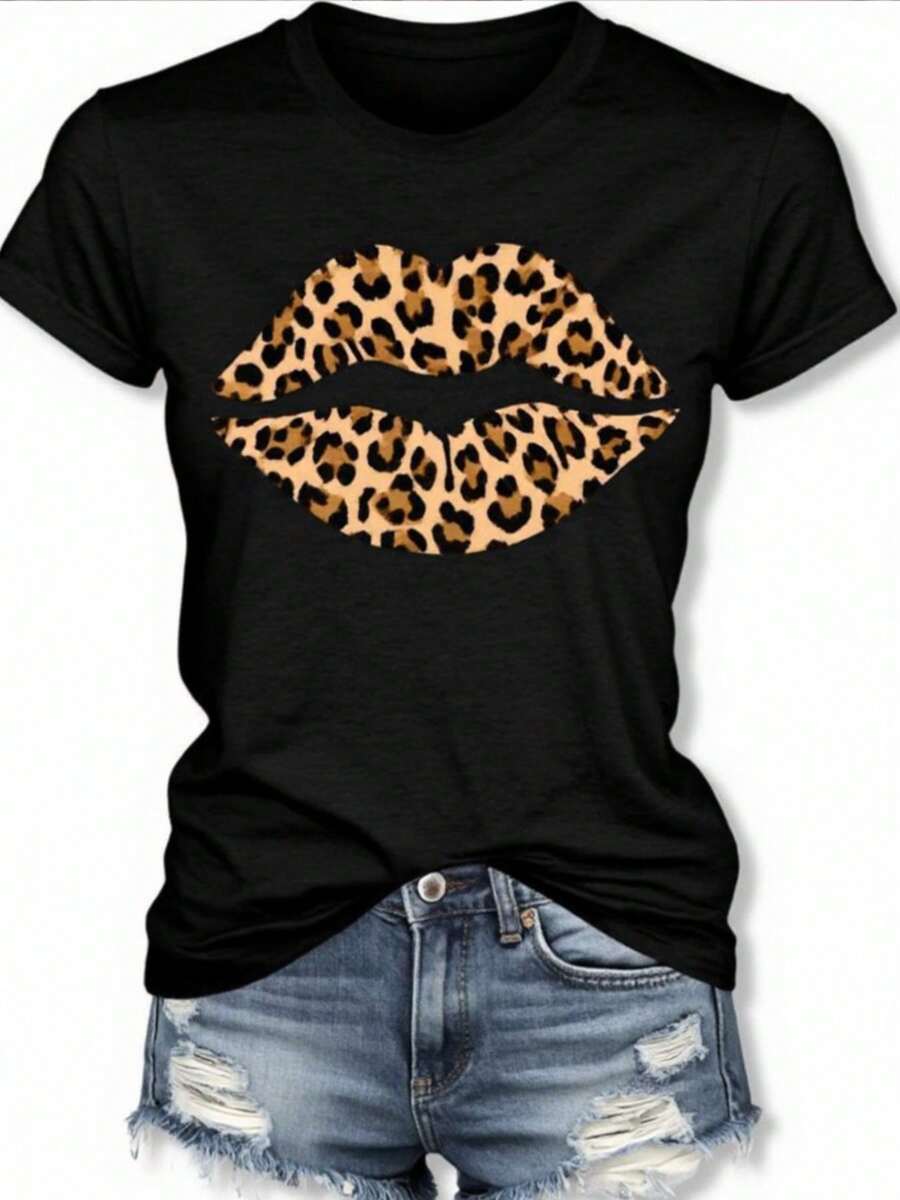 Women's Short Sleeve T-Shirt - Black T-Shirt With Leopard Lip Print Design, Soft Stretch Casual Crew Neck Fabric, Machine Washable, Fashionable Summer Top, Outfit, Eye-Catching T-Shirt, Comfortable Fit T-Shirt, Easter And Mother's Day Gift, Streetwear - 黑色 - 查看 1
