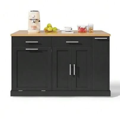 Kitchen Island On Casters With Fold-Down Worktop, Kitchen Trolley With Waste Bin, 4-Tier Spice Rack, 2 Drawers And Lockable Casters, 120 * 45 (70) * 93 Cm