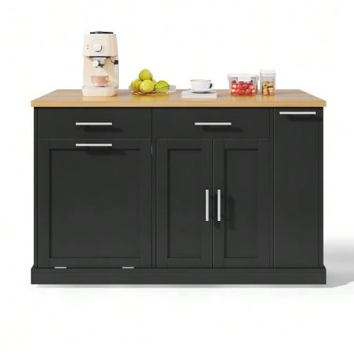 Kitchen Island On Casters With Fold-Down Worktop, Kitchen Trolley With Waste Bin, 4-Tier Spice Rack, 2 Drawers And Lockable Casters, 120 * 45 (70) * 93 Cm - 黑色 - 查看 1
